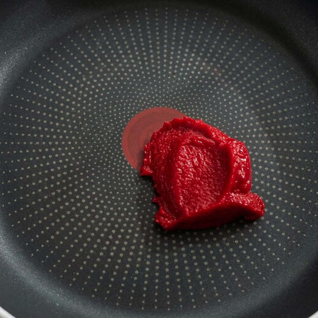 팬에 토마토 페이스트와 케첩을 넣고 균일한 붉은색이 될 때까지 섞는 모습.