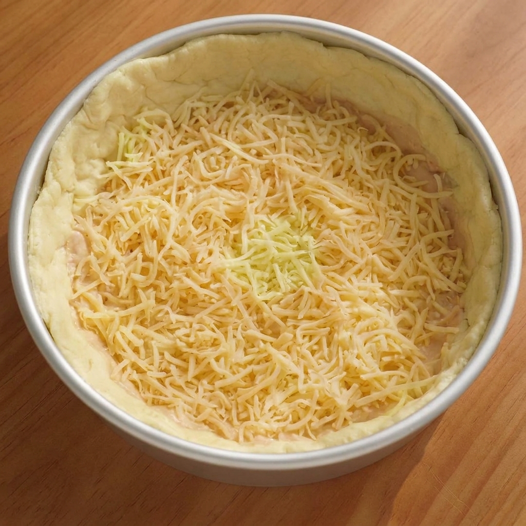 피자 도우 위에 모짜렐라 치즈를 깔고 그 위에 살라미를 올리는 모습.