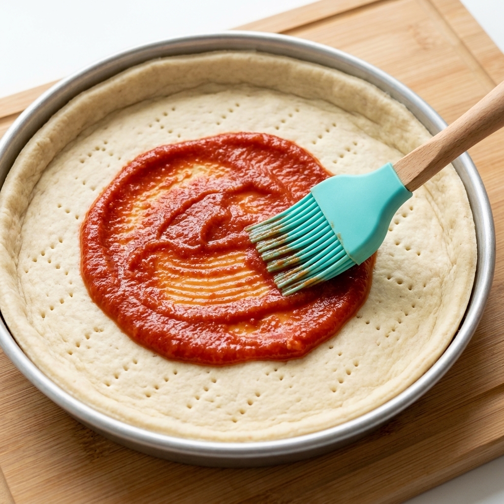 실리콘 붓으로 피자 도우 윗면에 토마토 소스를 펴 바르는 모습.