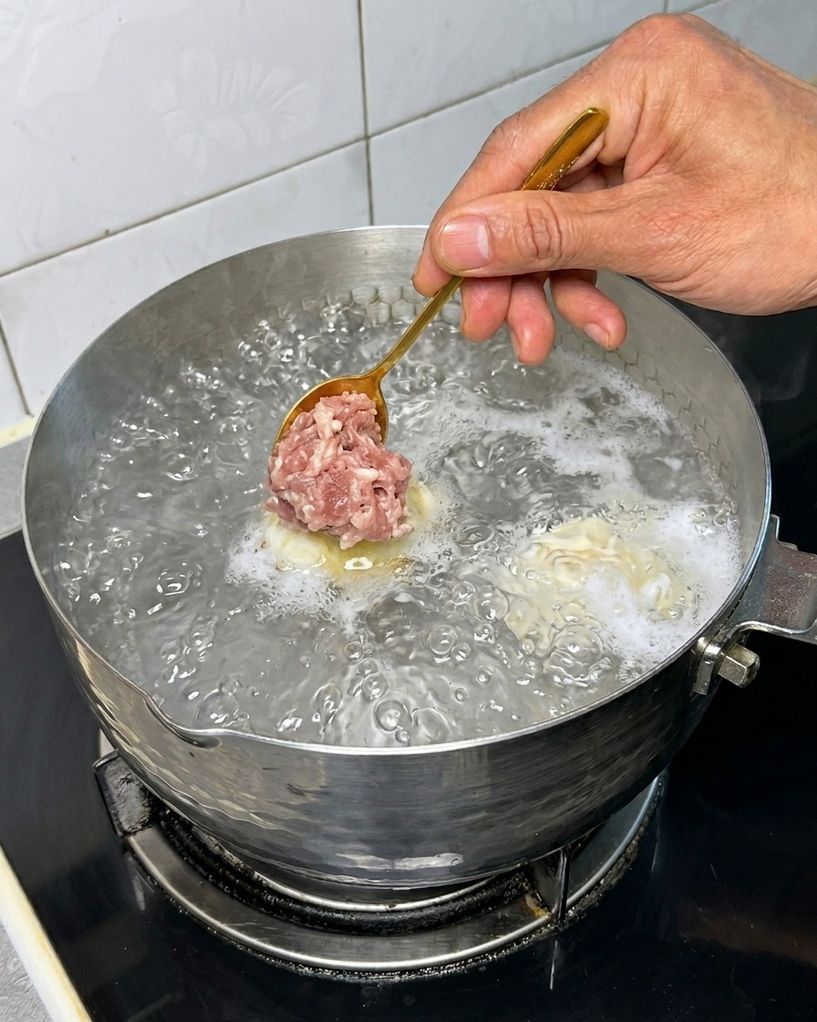 보글보글 끓는 물에 작고 둥근 미트볼을 넣는 모습.