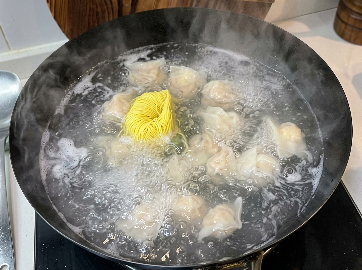 완탕이 삶아지는 냄비에 건조 에그 누들을 넣는 모습.