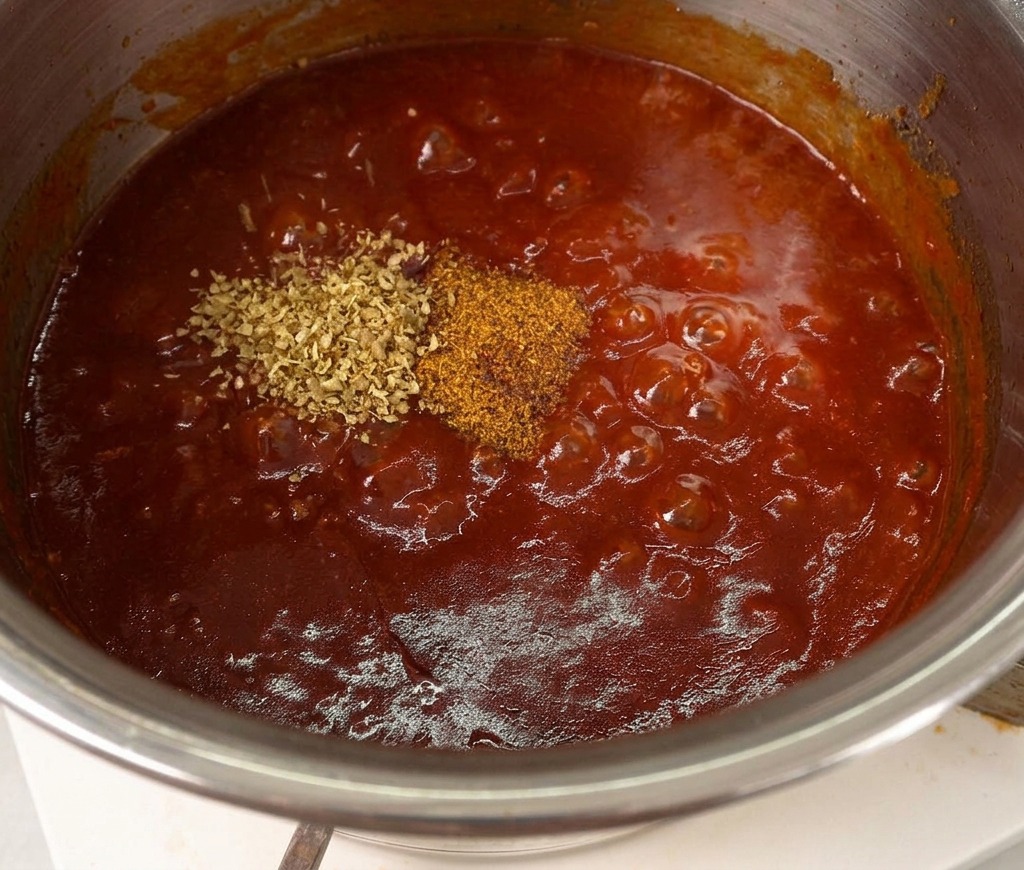 끓고 있는 붉은 BBQ 소스 위에 각종 허브와 향신료 가루가 뿌려진 모습.