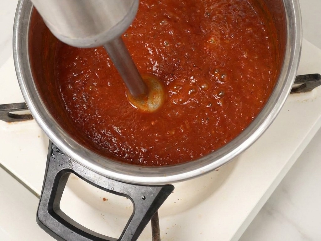 핸드 블렌더를 사용하여 냄비 속의 걸쭉한 BBQ 소스를 부드럽게 갈아내는 모습.
