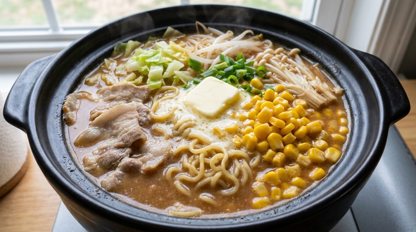 진한 미소 국물에 라멘, 얇게 썬 돼지고기, 채소, 부드럽게 녹아내리는 버터가 담겨 보글보글 끓고 있는 전골 요리.