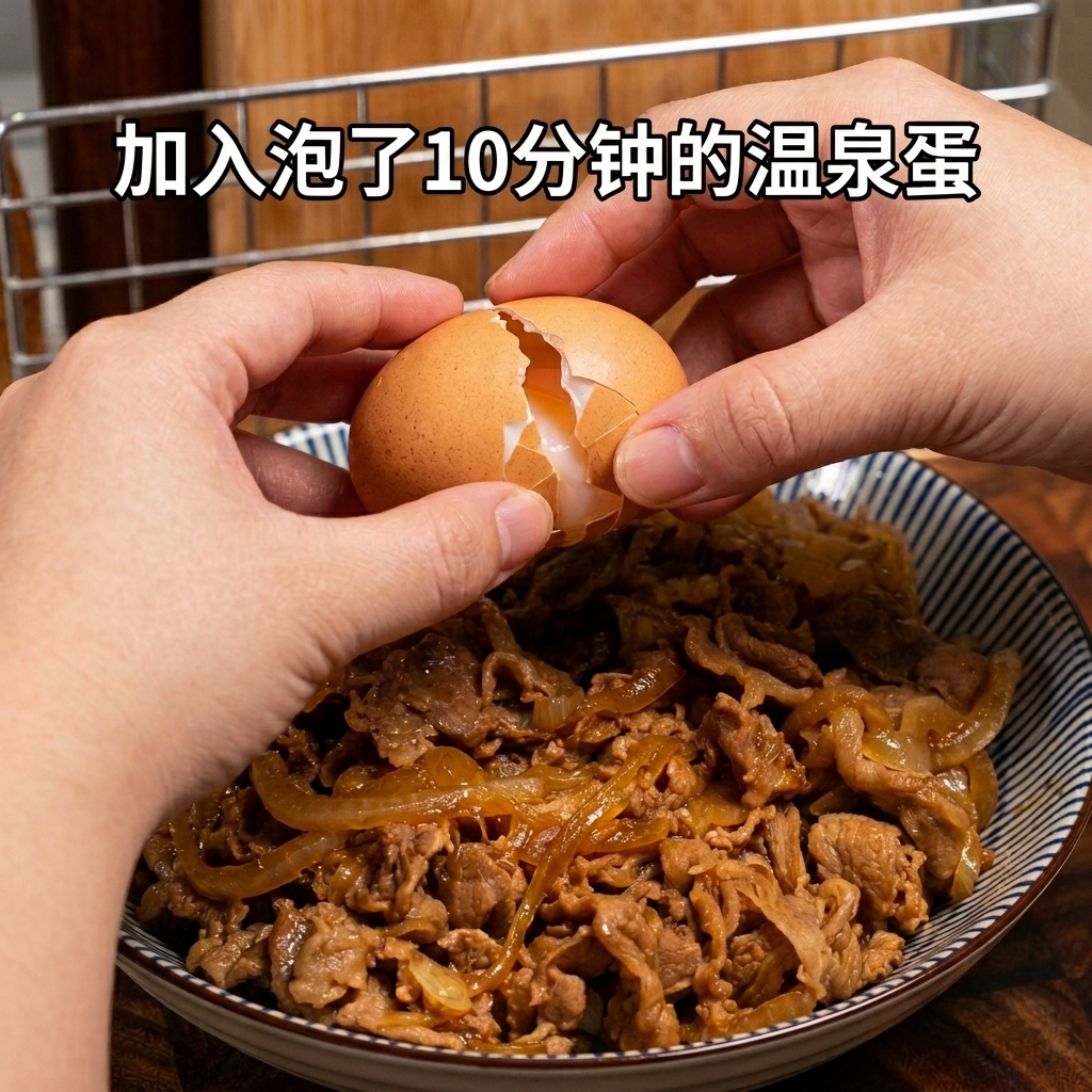소고기와 밥 위에 반숙 계란을 조심스럽게 깨뜨려 올리는 모습.