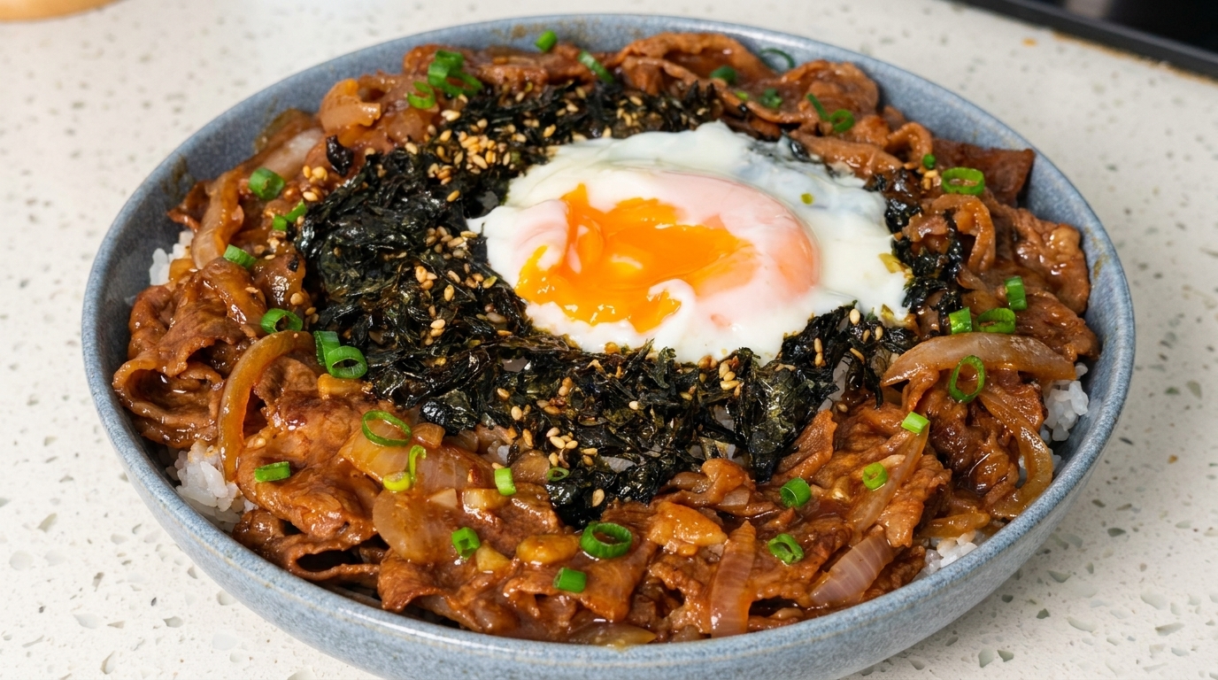 일본식 소고기 덮밥 (규동)과 온천 달걀