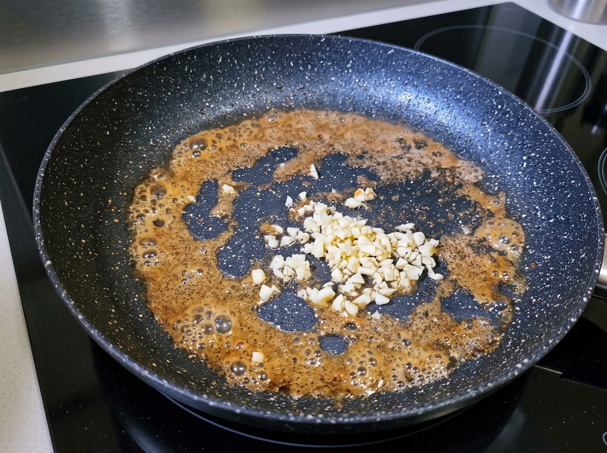 팬에서 볶아지는 마늘, 토마토, 피망.