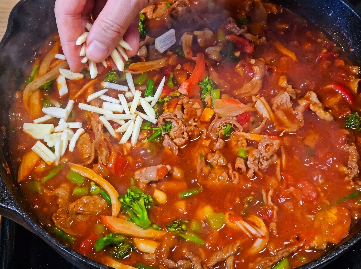 요리 위에 골고루 뿌려지는 슈레드 치즈.