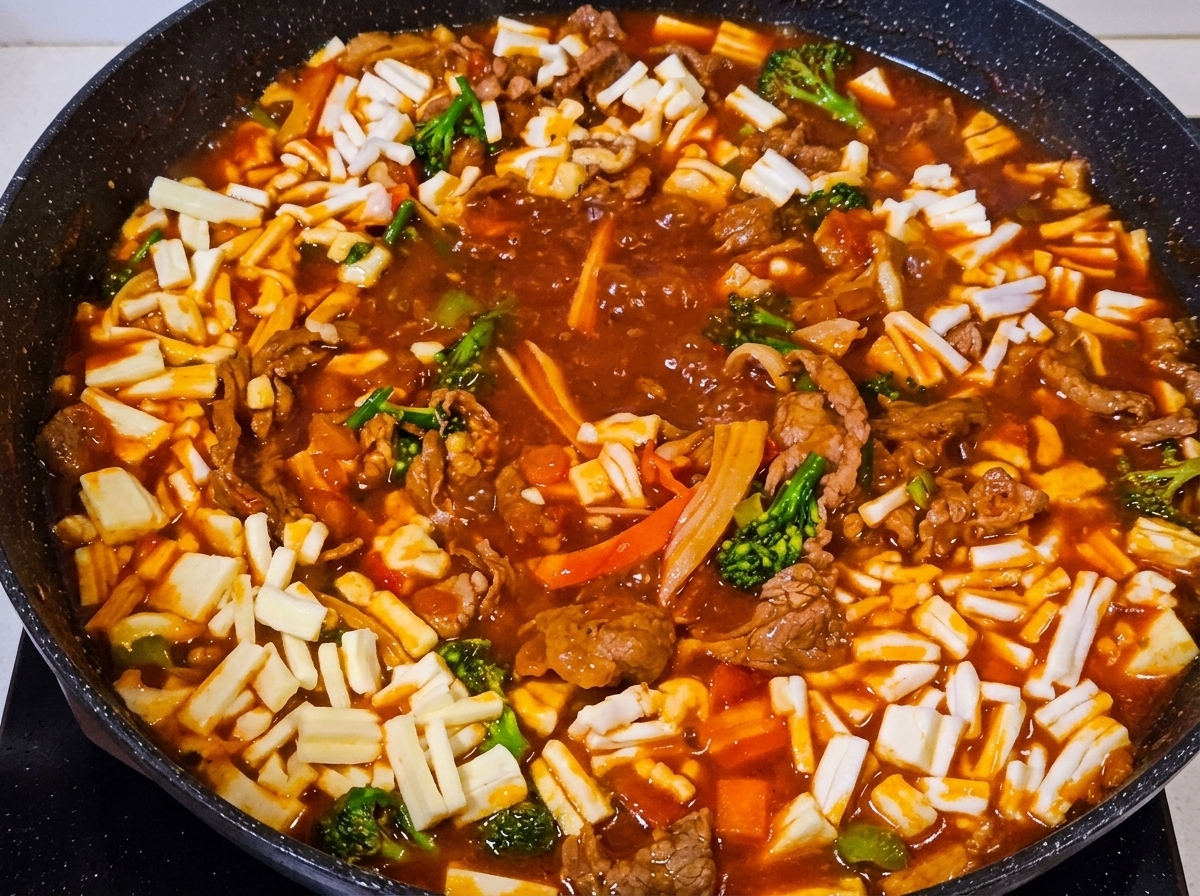 팬 중앙에 놓인 밥과 그 위에 얹어진 슬라이스 치즈 한 장.