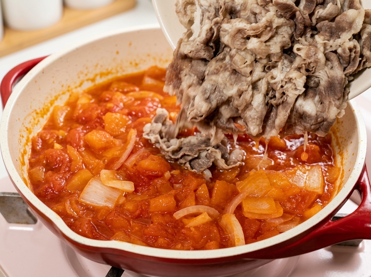 볶은 토마토 베이스에 데친 소고기를 넣는 모습