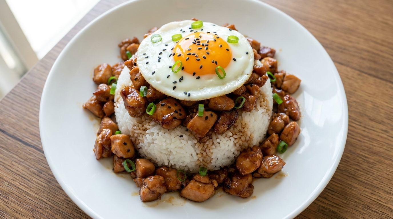 반숙 달걀과 신선한 쪽파를 듬뿍 올린 먹음직스러운 일본식 닭고기 덮밥입니다.