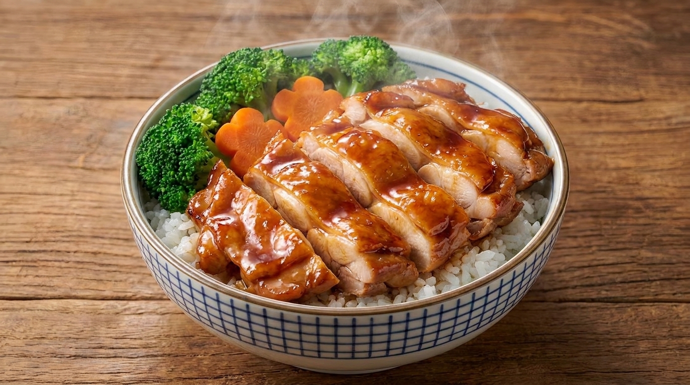 완성된 닭고기 덮밥 위에 반숙란을 올리는 모습.