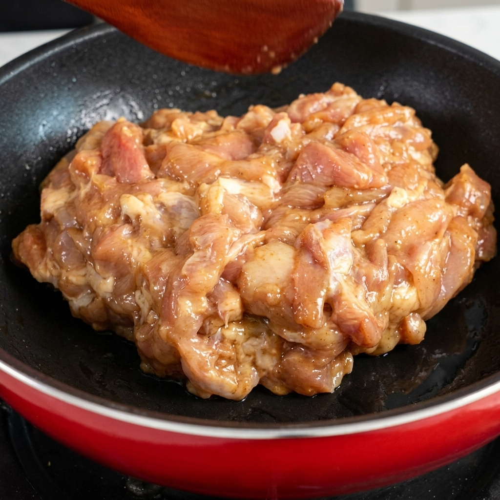 달궈진 프라이팬에 밑간한 다진 닭고기를 넣는 모습.