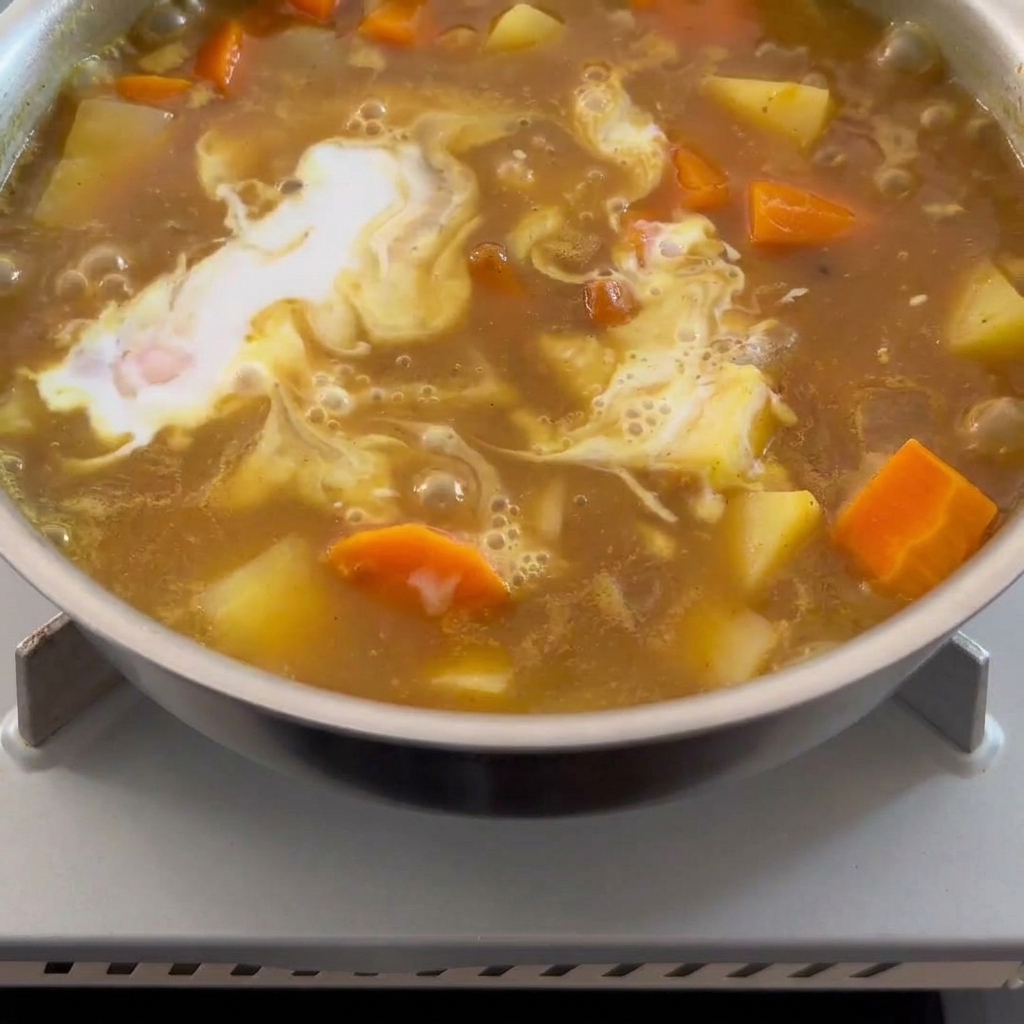 끓고 있는 갈색 카레 소스에 부드러운 코코넛 밀크를 둥글게 붓는 모습.