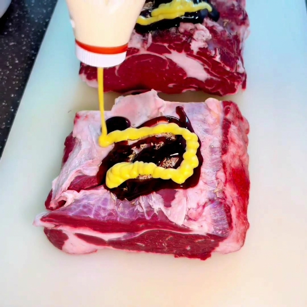 시즈닝된 생고기 위에 노란 허니 머스터드 소스를 물결 모양으로 뿌리는 모습.
