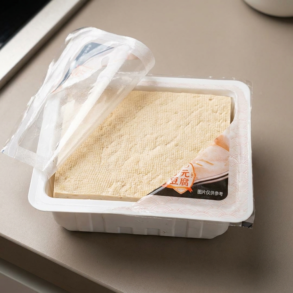 도마 위에서 두부를 깍둑썰기하는 모습.
