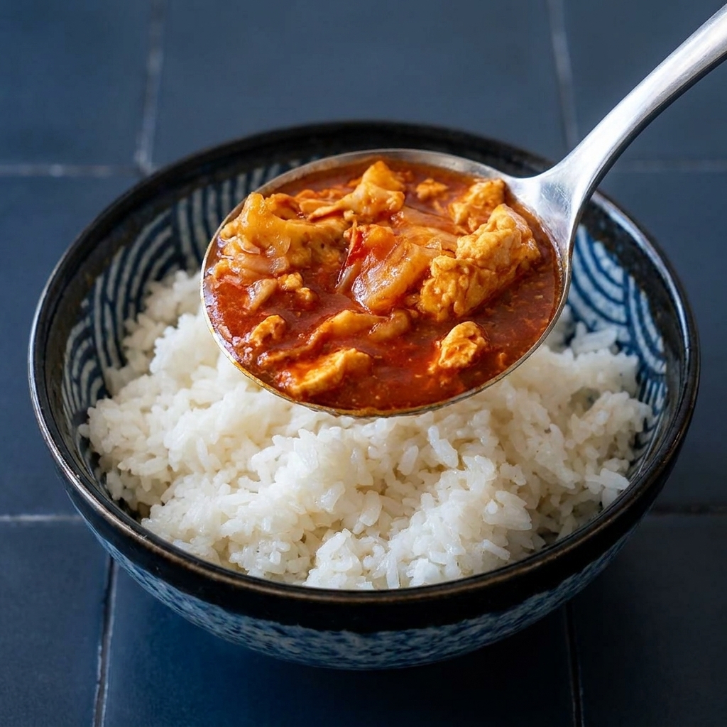 따뜻한 흰 밥 위에 진한 참치 카레를 국자로 떠서 얹는 모습.