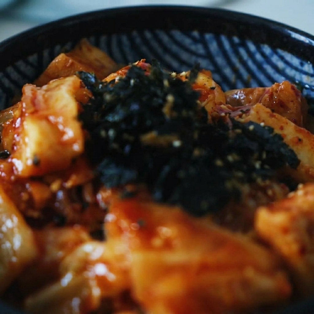 카레 덮밥 위에 부순 김가루와 통깨를 뿌리는 클로즈업 사진.