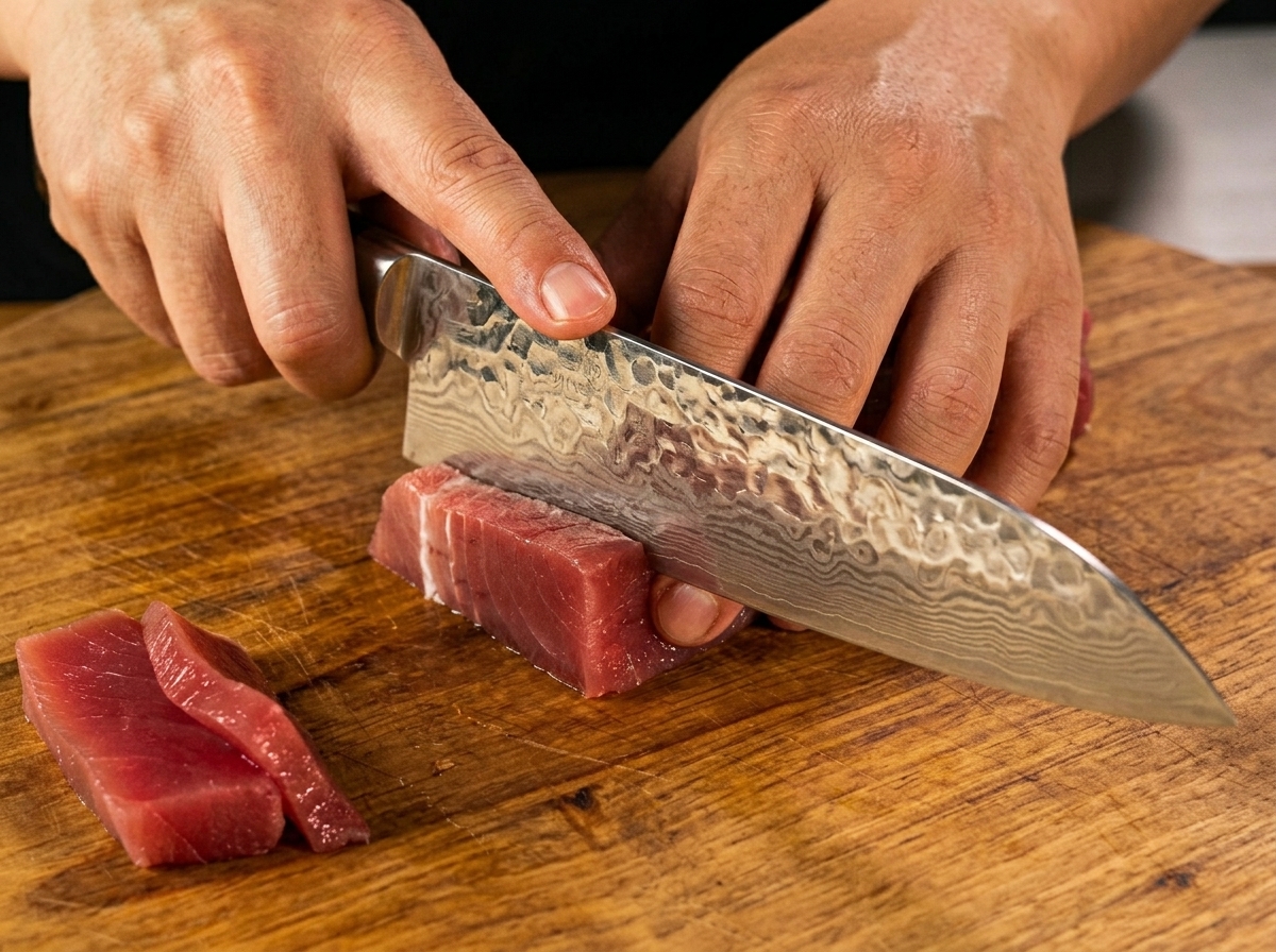 나무 도마 위에서 날카로운 식칼로 두툼하게 참치를 써는 모습.