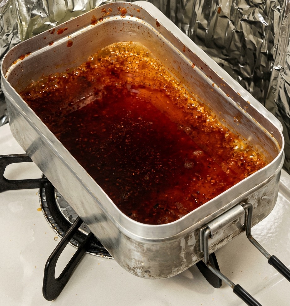 가스 불 위에 올린 금속 쟁반에서 어둡고 향긋한 마리네이드가 끓고 있는 모습.