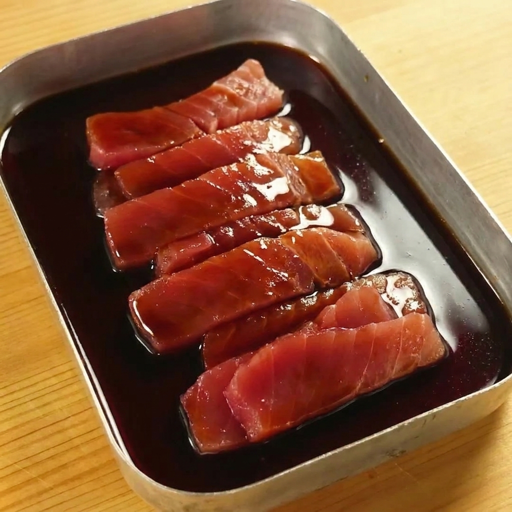금속 쟁반에 가지런히 놓인 생참치 조각 위에 진한 마리네이드를 붓는 모습.
