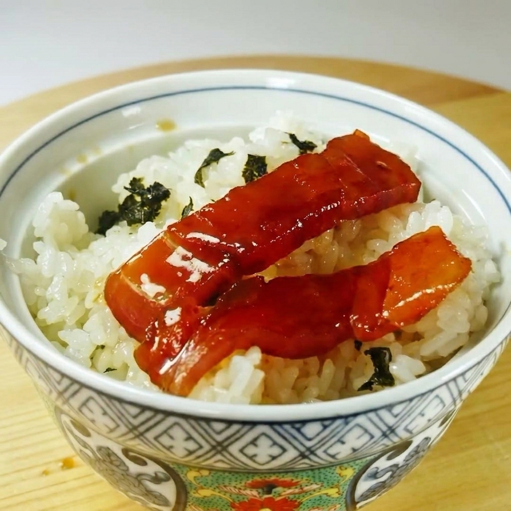 김가루가 뿌려진 백미밥 위에 윤기 나는 진한 붉은색의 절인 참치 조각을 가지런히 올린 모습.