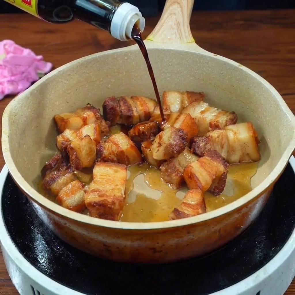 노릇하게 볶아진 삼겹살 큐브가 담긴 팬에 병에 든 노추(다크 소이 소스)를 붓는 모습.