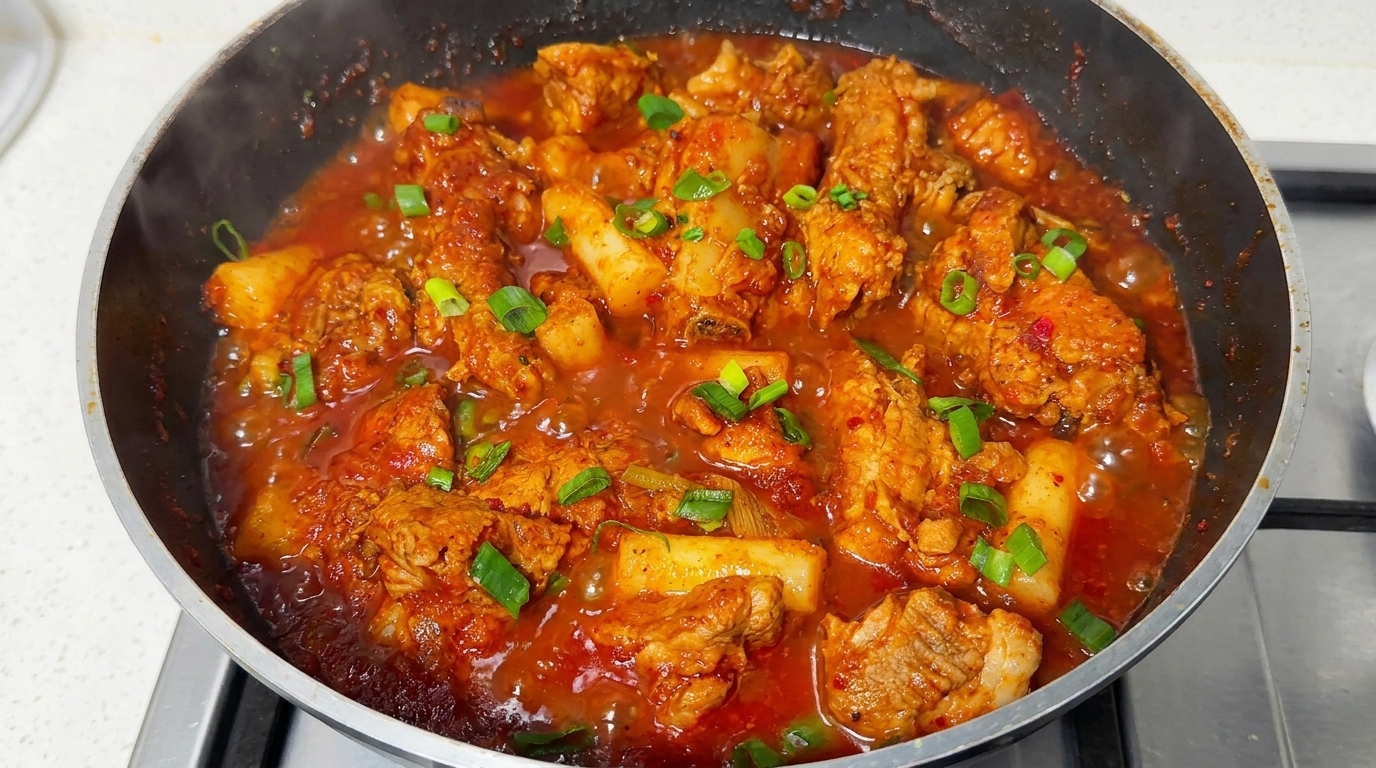 매콤 돼지갈비찜과 떡사리 (Maeun Dwaejigalbi-jjim)