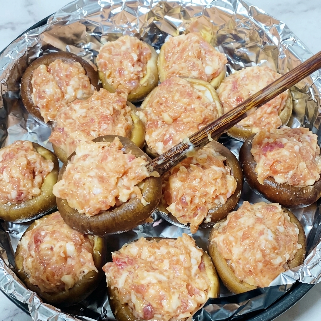 속을 파낸 버섯 안에 양념한 돼지고기 반죽을 채우는 모습.