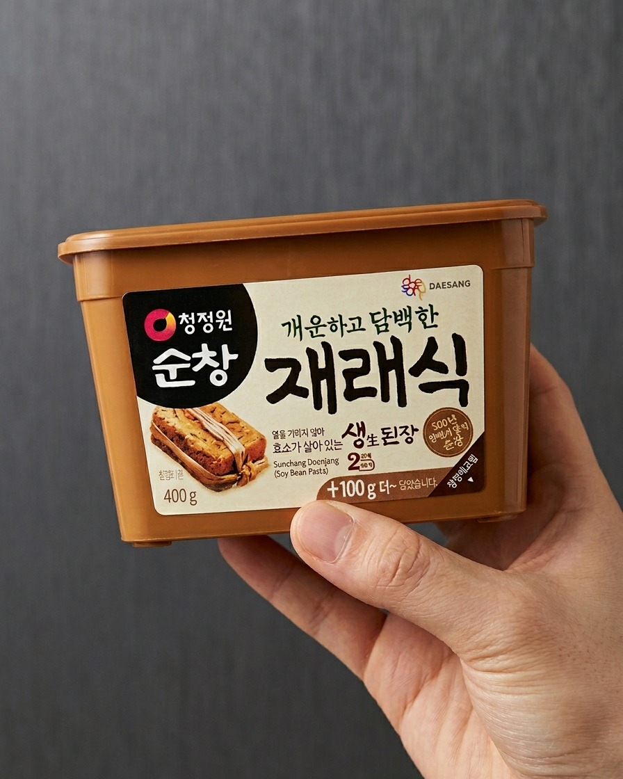 볶은 고기에 된장과 다진 마늘을 넣고 섞는 모습.