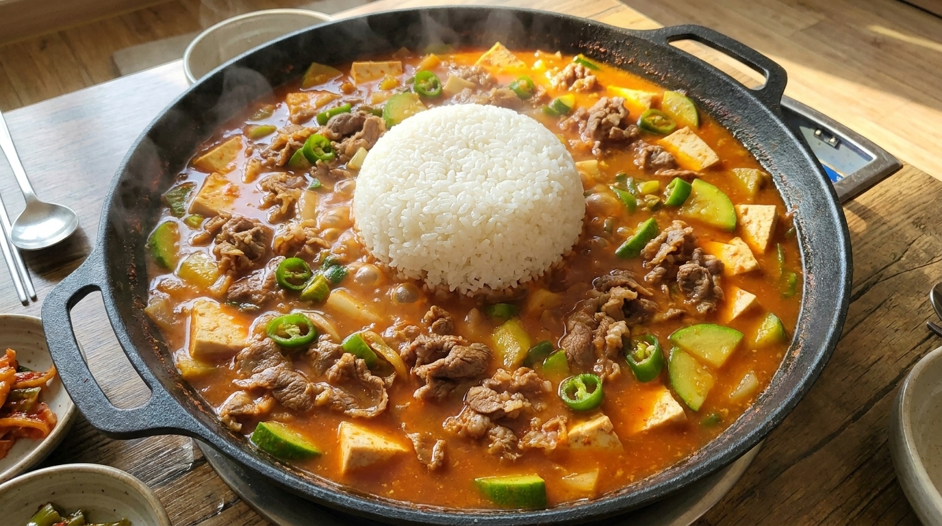 한국식 소고기 된장찌개와 밥