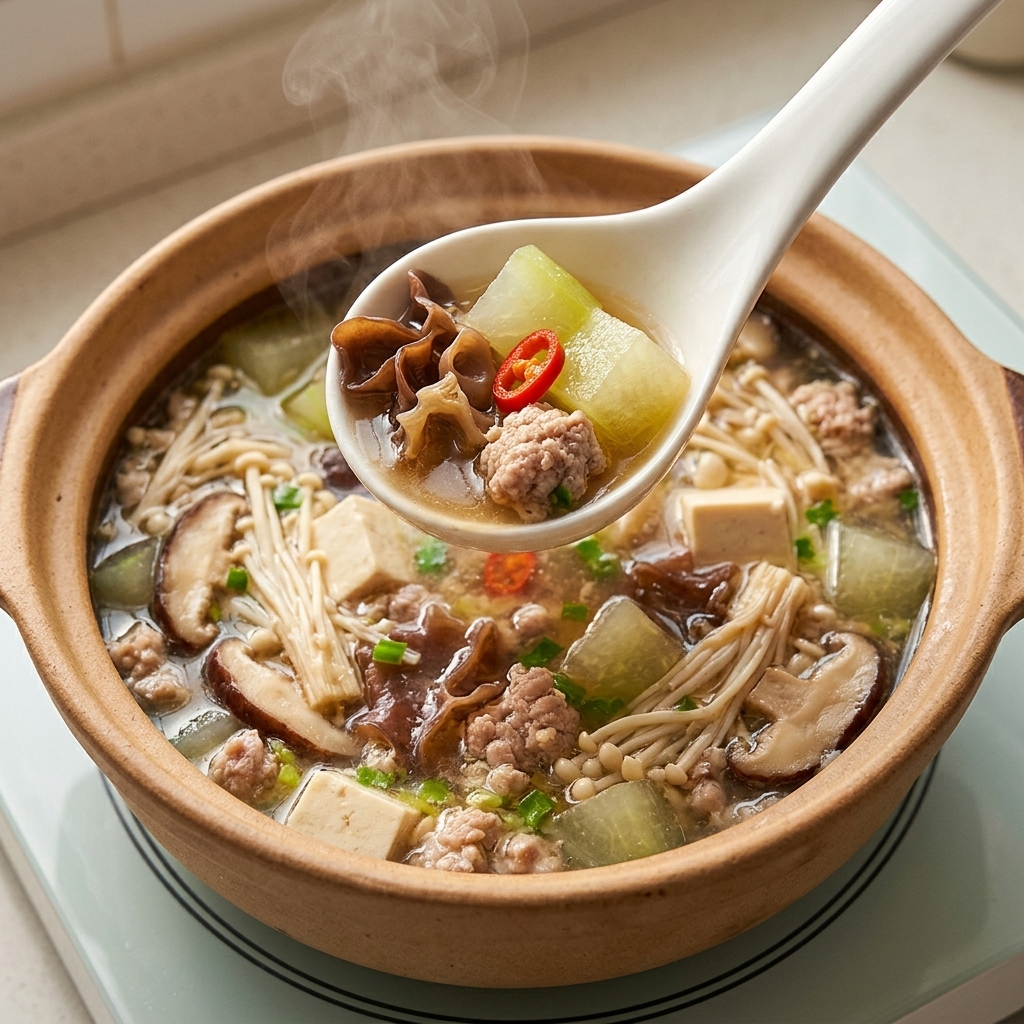 도마 위에서 얇게 슬라이스 되는 표고버섯.