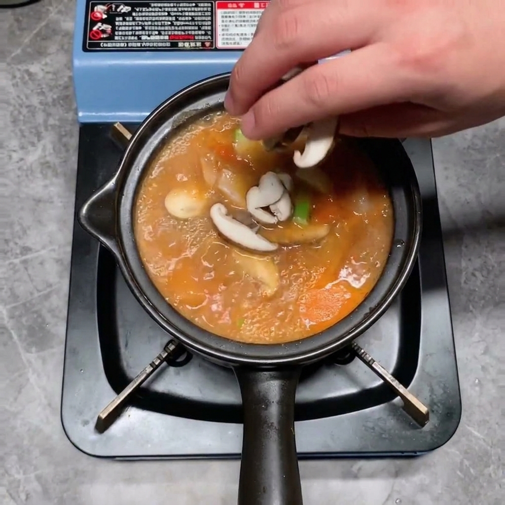 보글보글 끓는 찌개에 부드러운 흰 두부 조각을 조심스럽게 넣는 모습.