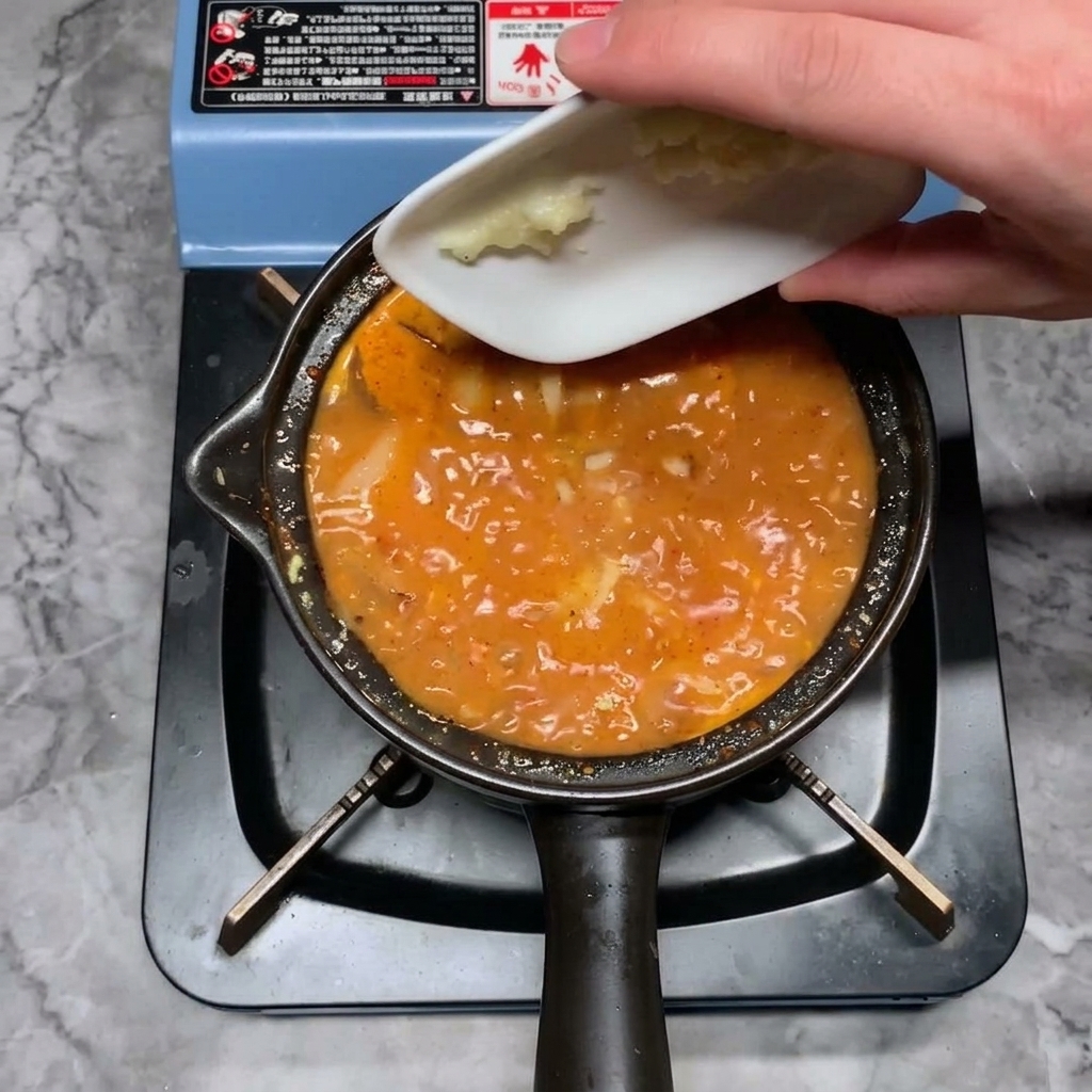 작은 접시에 담긴 다진 마늘을 뜨거운 찌개에 넣는 모습.