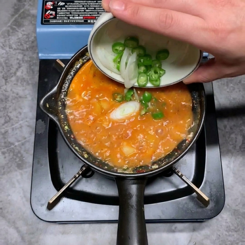 송송 썬 대파와 청양고추를 끓는 찌개 냄비에 넣는 모습.