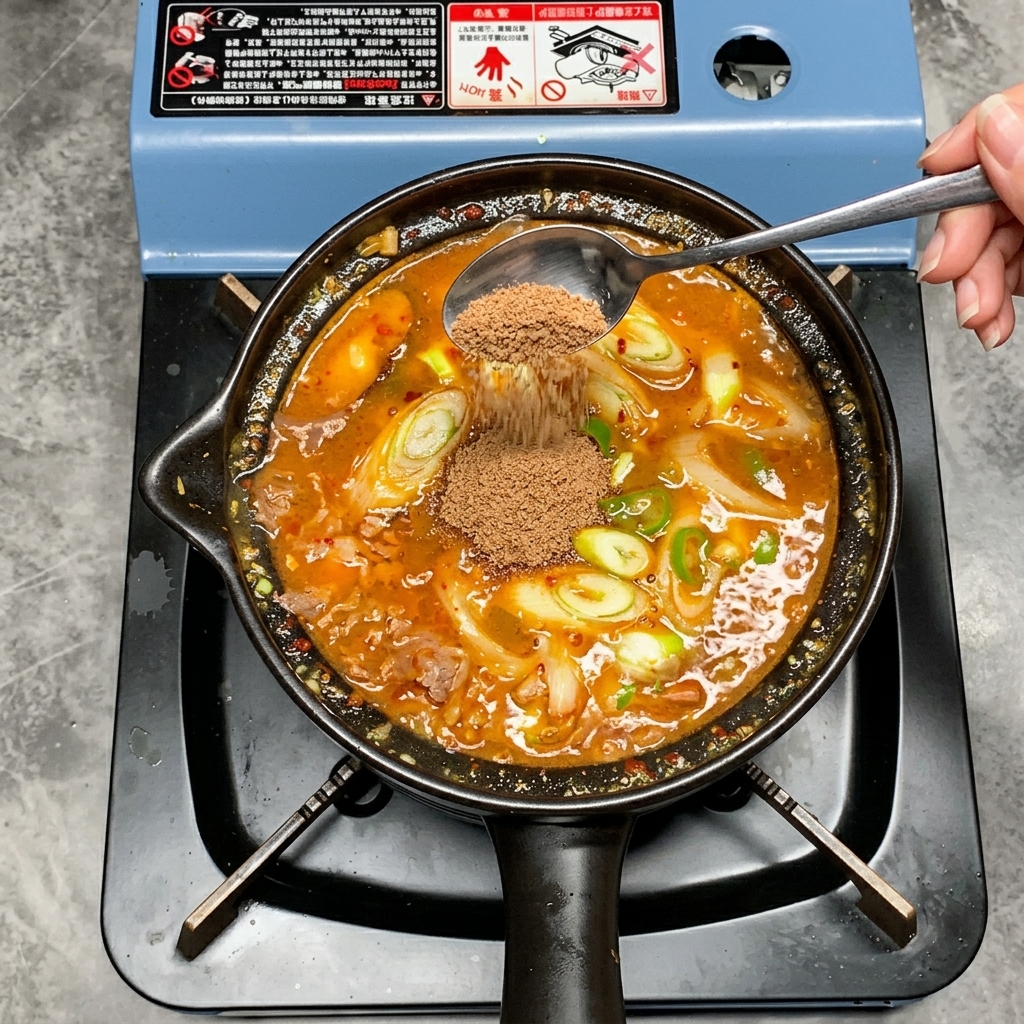 진하게 끓고 있는 한국식 찌개에 갈색 소고기 다시다 한 숟가락을 더하는 모습.