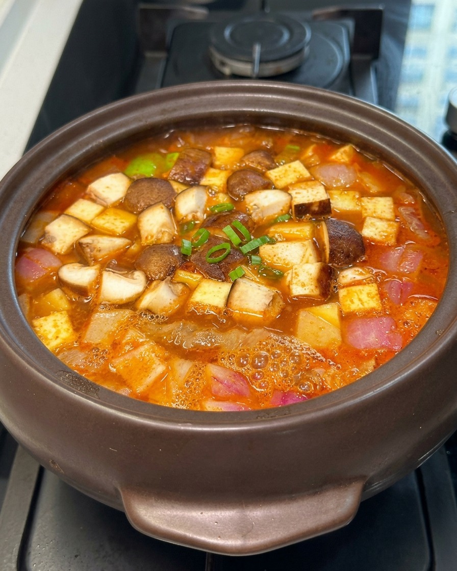 두부, 표고버섯을 넣고 함께 끓이는 모습.