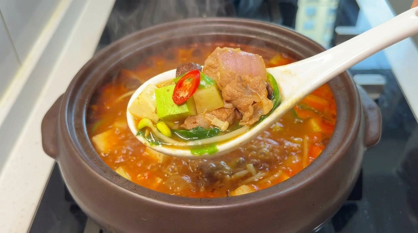구수한 된장 국물에 소고기, 두부, 채소가 어우러진 든든한 소고기 된장찌개 한 그릇.