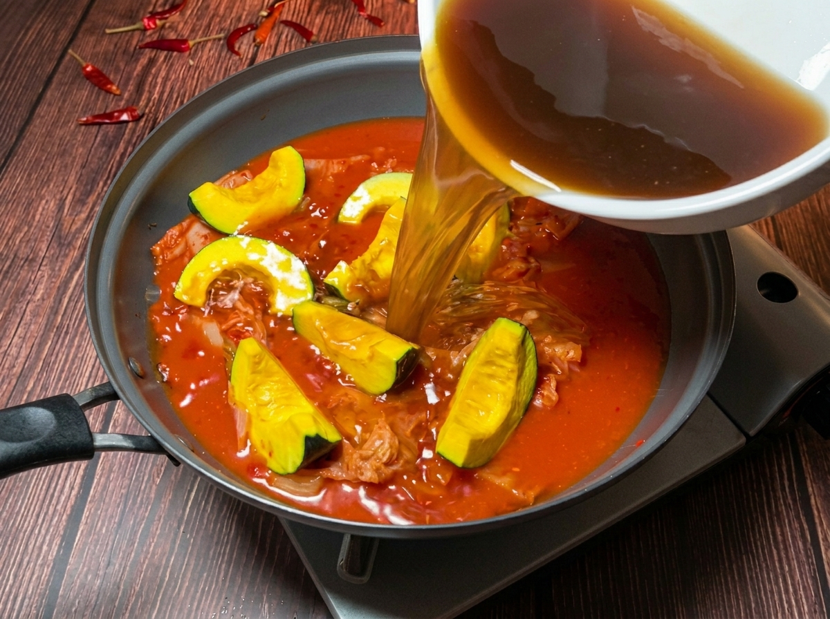 김치와 단호박이 담긴 냄비에 육수를 붓는 모습.