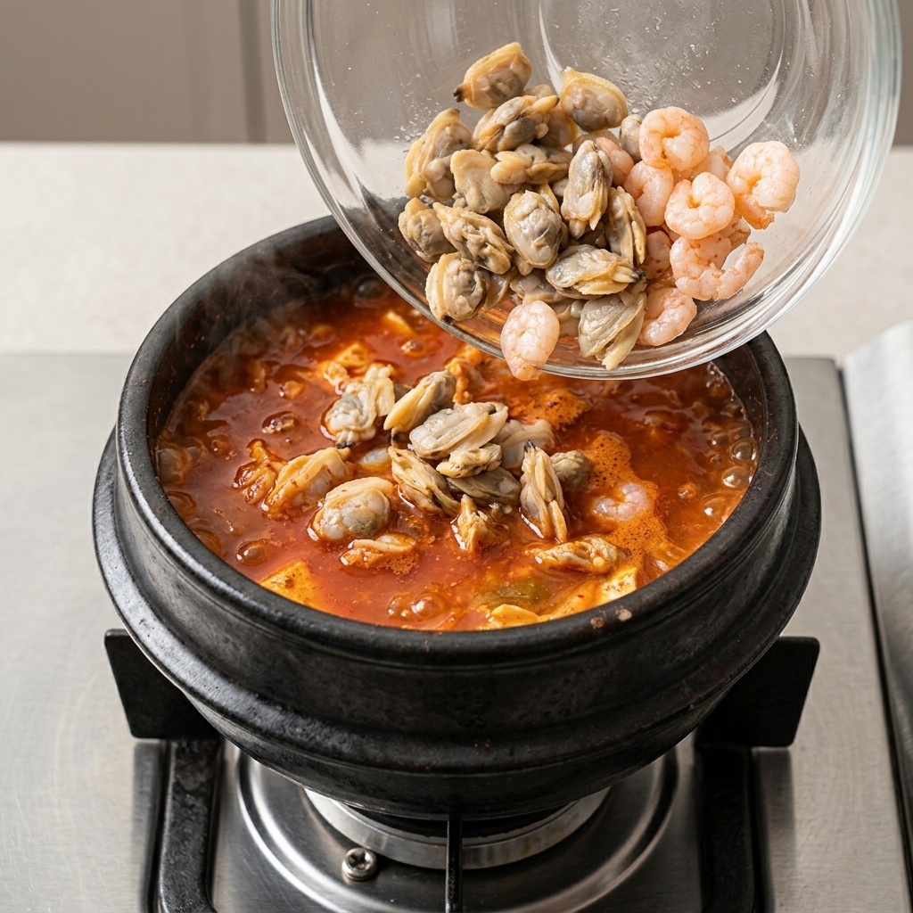 끓는 찌개에 새우와 조갯살을 넣는 모습.