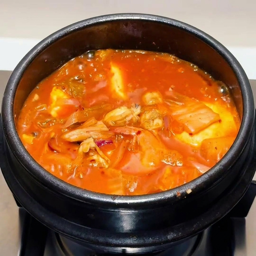 완성된 김치찌개 위에 파를 올린 모습.