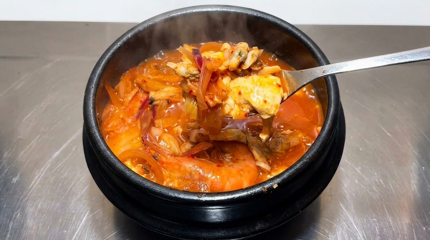 검은 뚝배기에 담긴 조개, 새우, 순두부가 들어간 얼큰한 김치찌개를 국자로 들어 올리는 모습.