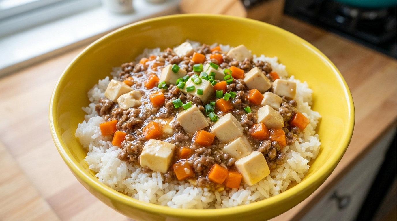 따뜻한 흰 밥 위에 소고기, 두부, 당근이 어우러진 조림을 얹고 대파를 고명으로 올린 모습.