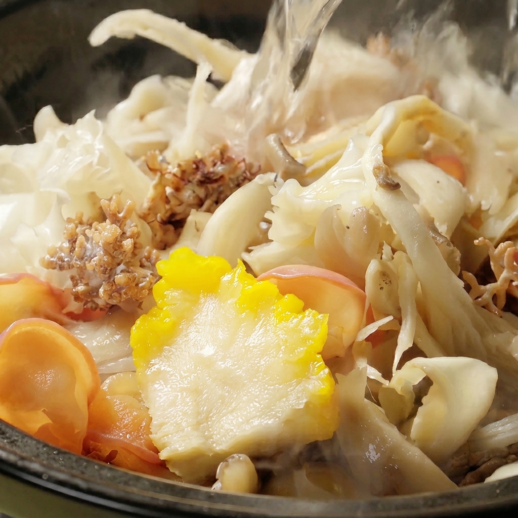 볶은 마늘이 든 뚝배기에 다양한 버섯을 넣고 뜨거운 물을 붓는 모습.