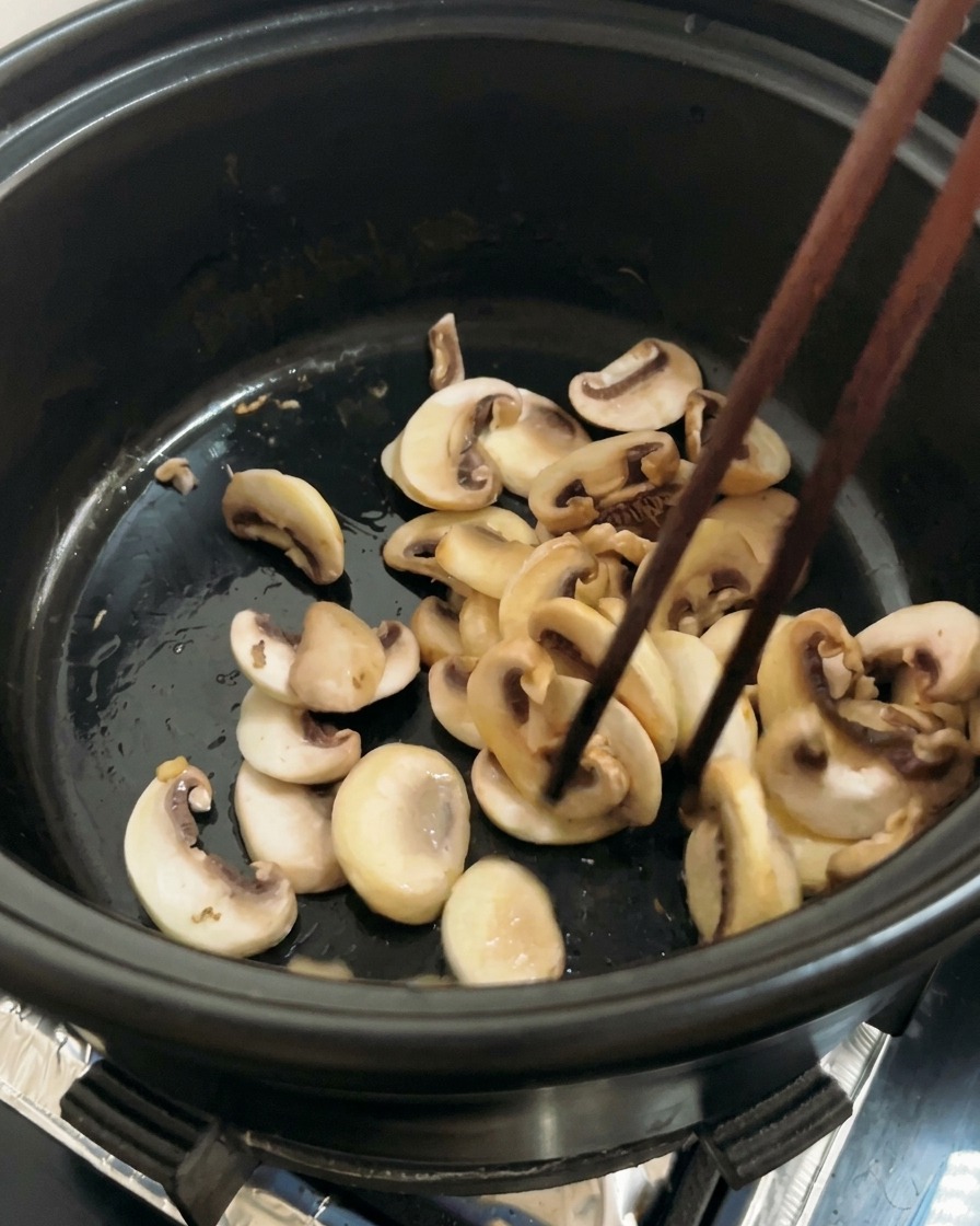 나무 젓가락으로 버섯을 저어 노릇하게 볶는 모습