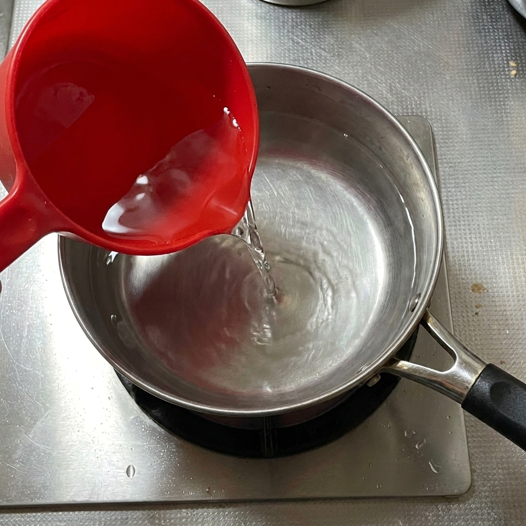 볶은 계란과 향신채가 담긴 뚝배기에 끓는 물을 붓는 모습.