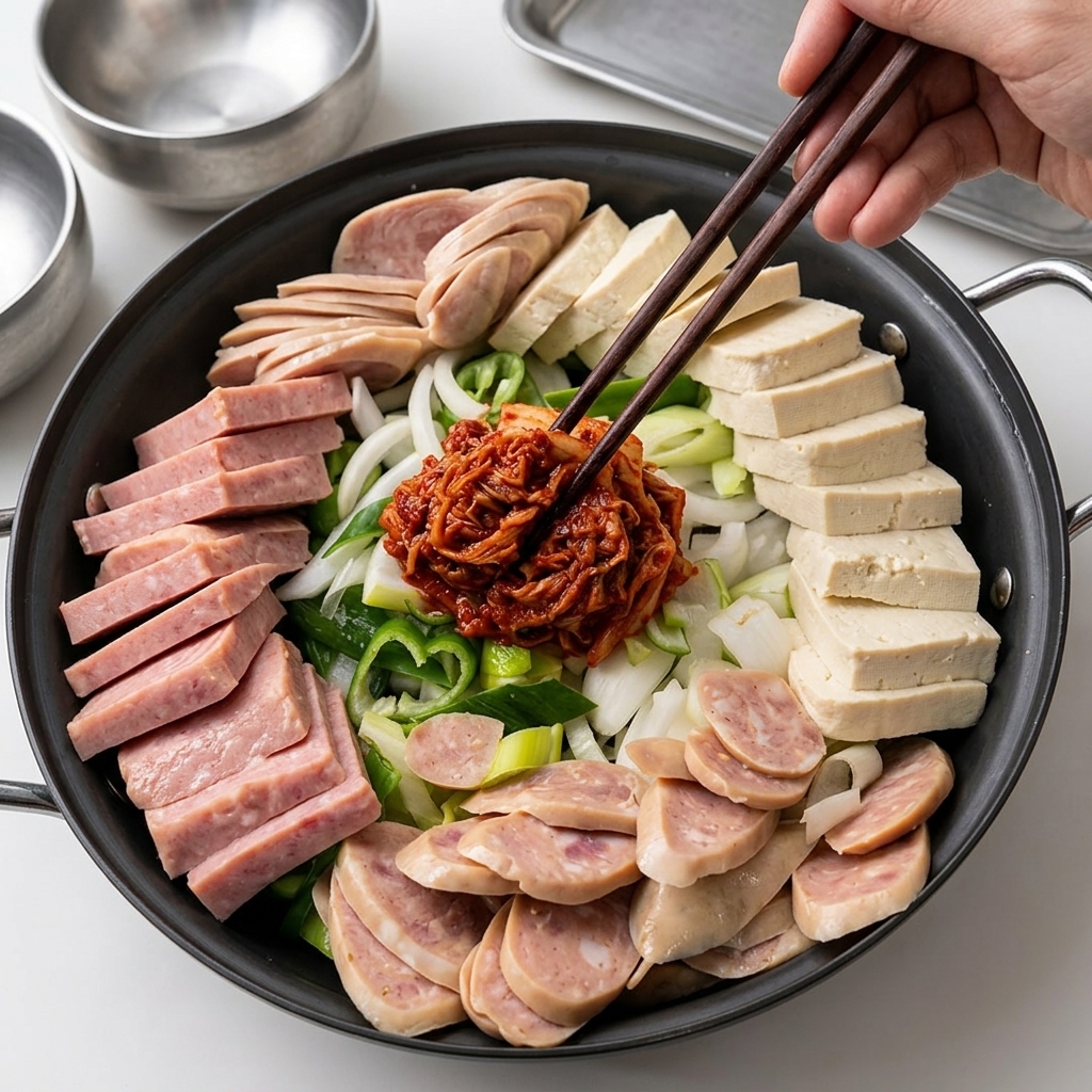 냄비에 정갈하게 배치된 김치, 고기, 그리고 양념장.