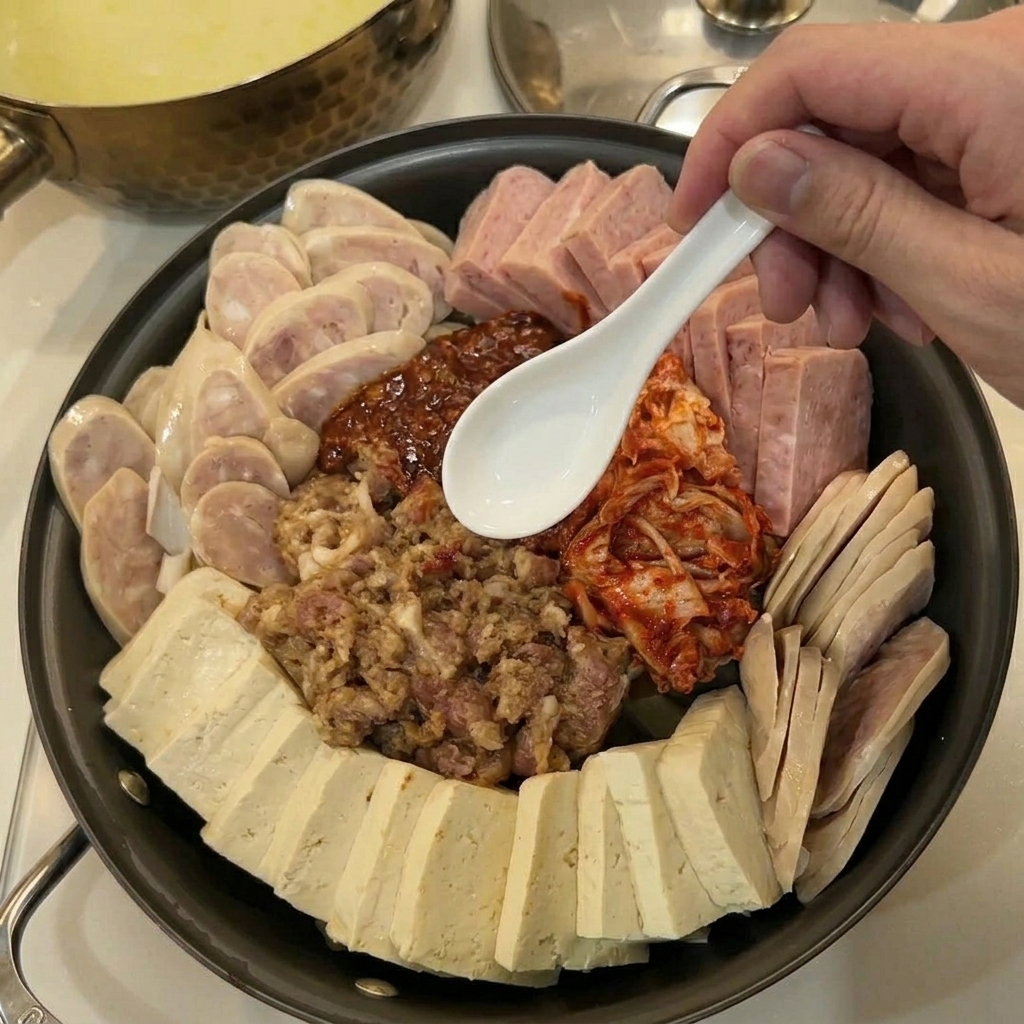 재료가 담긴 냄비에 육수를 붓는 모습.