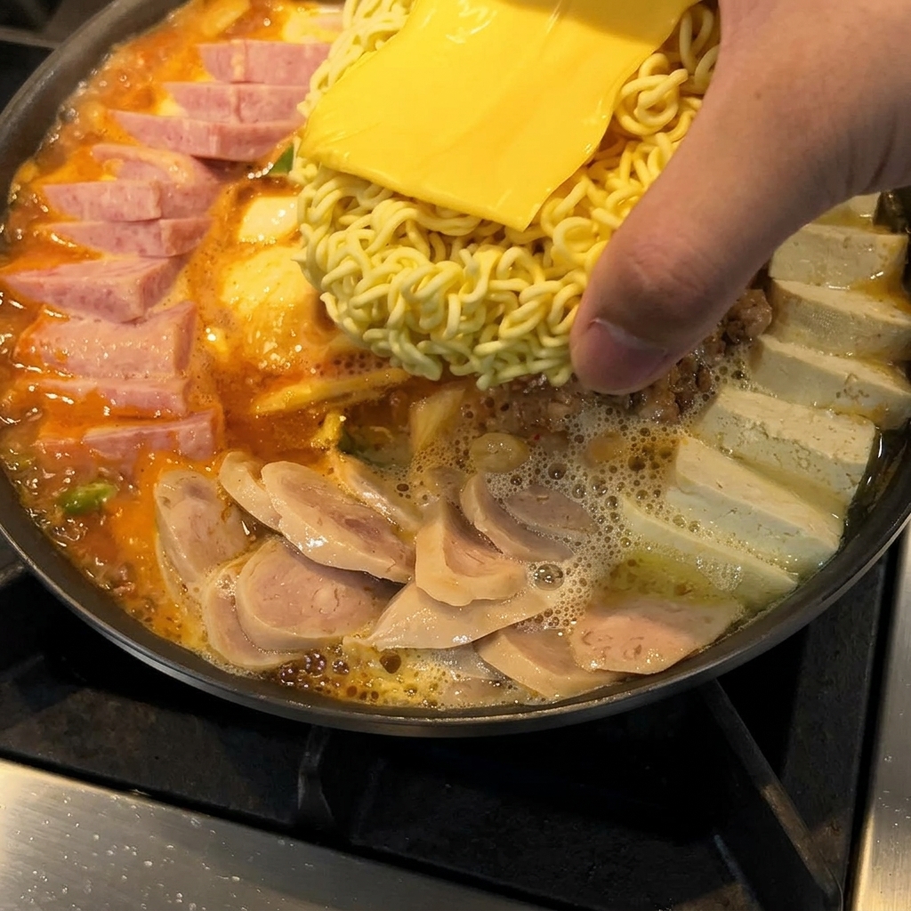 팔팔 끓는 찌개 위에 라면 사리와 치즈가 놓인 모습.