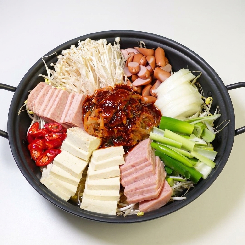 숟가락으로 만든 양념장을 재료 위에 올리고 육수를 붓는 모습.